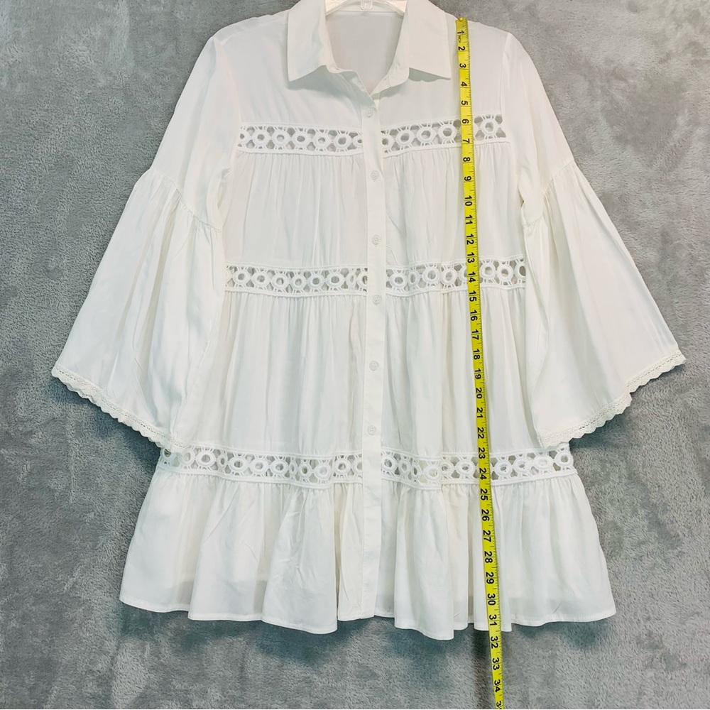 Beach White Tiered Lace Inserts Coverup Top Tunic Oversized OS ONE SIZE - Picture 3 of 7